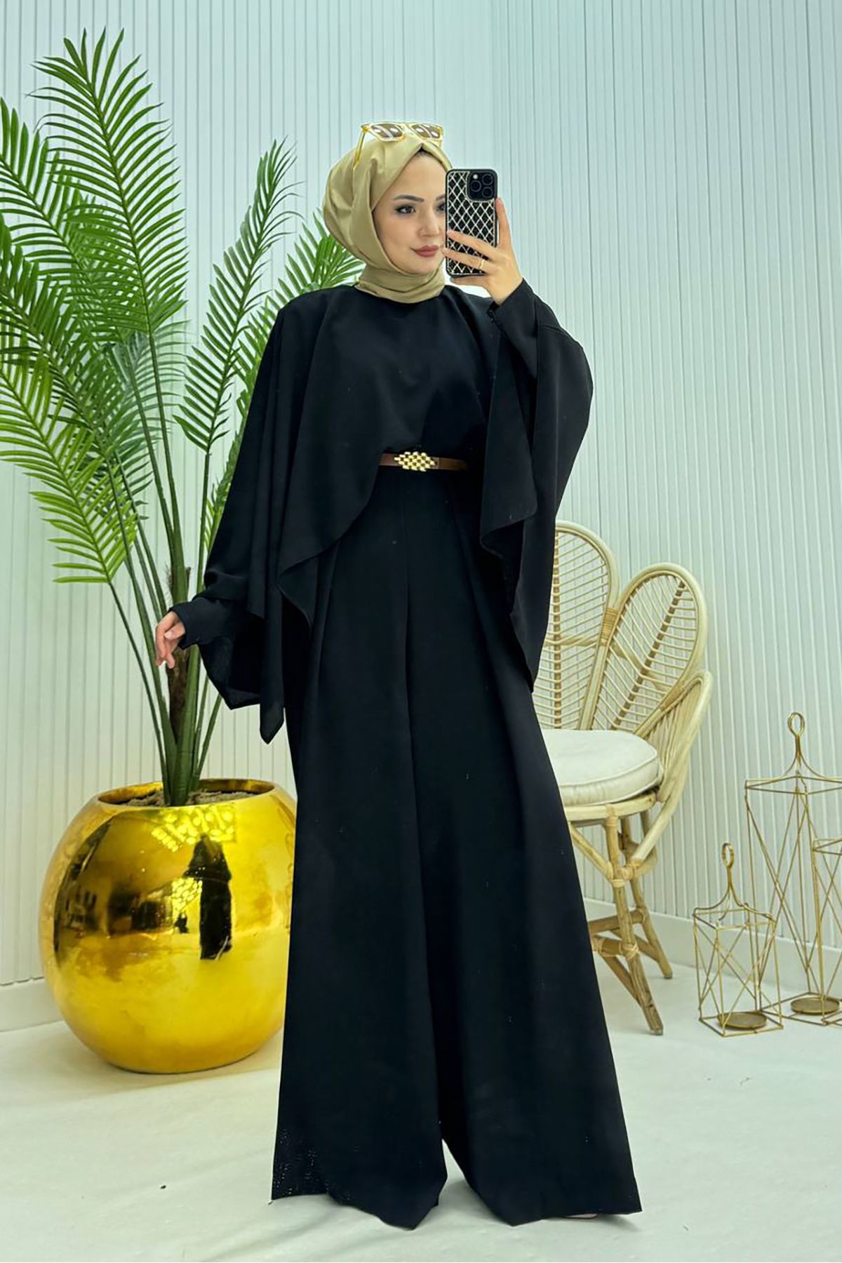 Neşeli Butik kadın pelerinli kemer detaylı tesettür tulum NMS061