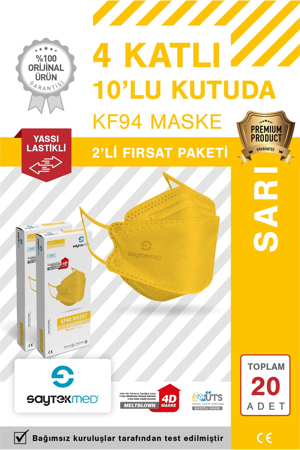 SAYTEKMED KF94 Kore Tipi, 4 katlı, SARI Maske, Tekli Paket, UV Steril (2 Kutu/ 20 Adet)