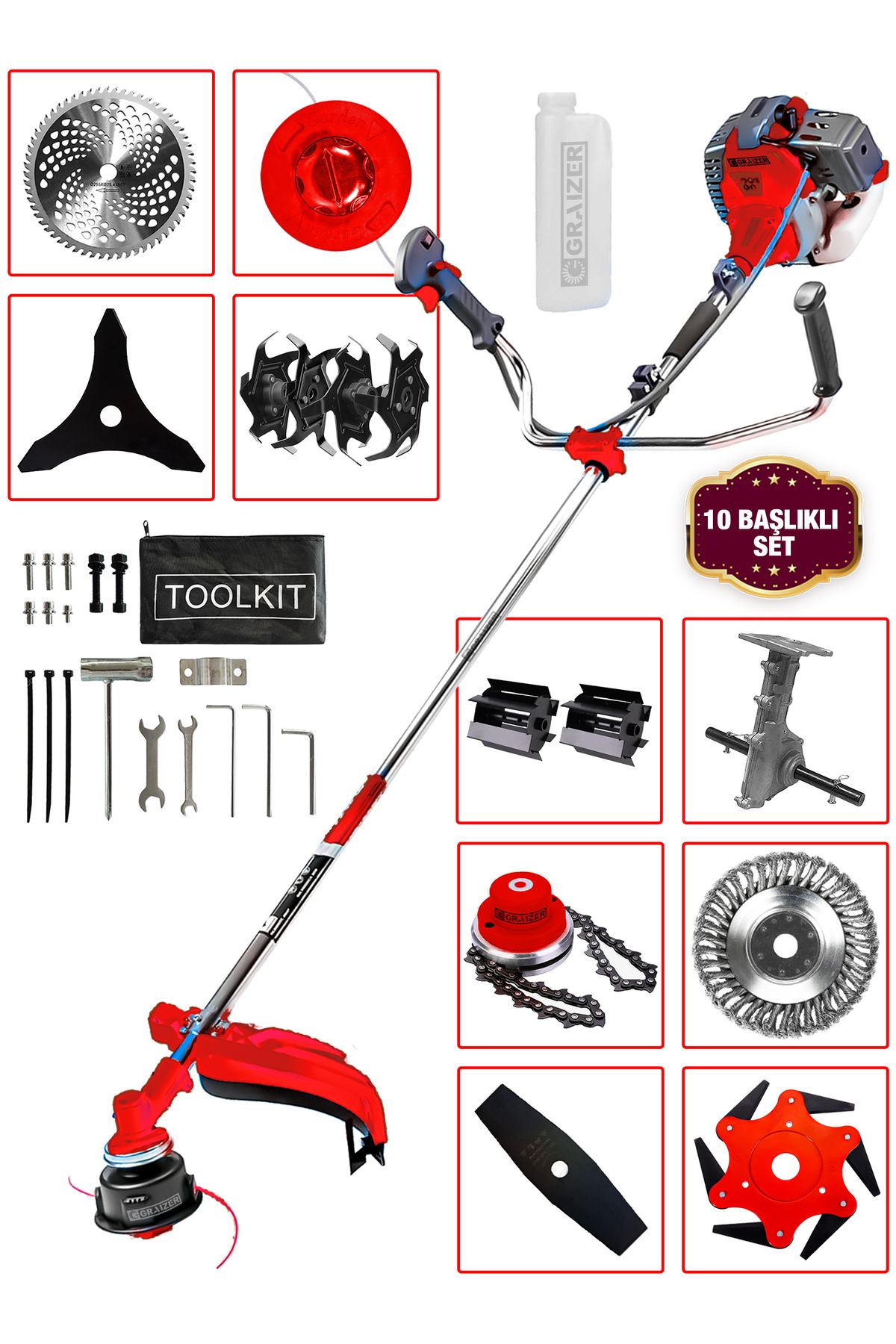 Graizer Powerforge 11 Başlıklı Set Yan Tipi Benzinli Motorlu Ot Çalı Tırpanı Çim Biçme Makinesi Tırpan-Krmz