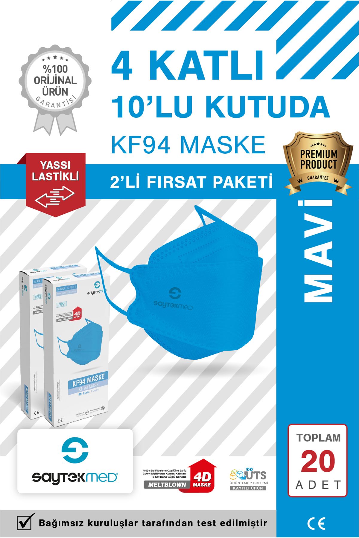 SAYTEKMED KF94 Kore Tipi, 4 katlı, MAVİ Maske, Tekli Paket, UV Steril (2 Kutu/ 20 Adet)