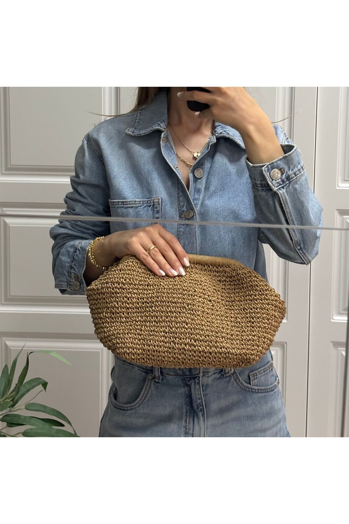 örgü İçi Astarlı Hasır Clutch Örme Burslu Günlük Şık El Çantası