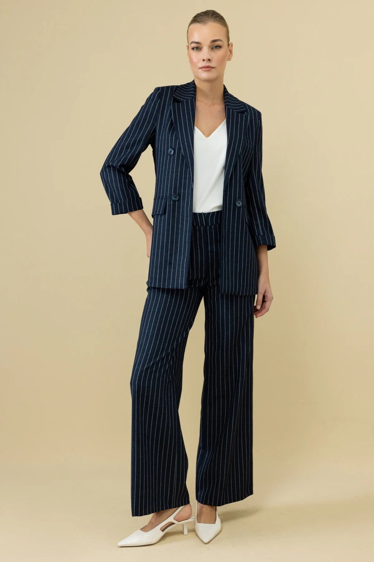 Ekol Çizgili Bol Paça Pantolon 4056-25