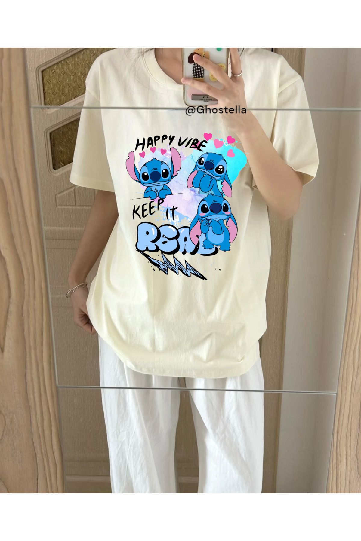 Minga London Bej Stitch Love Ön Baskılı Unisex Oversize Tshirt - Ghostella