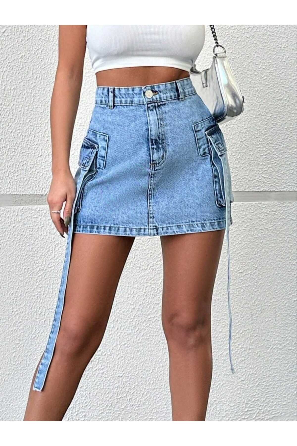 SHEVEGA-Women's Ice Snow Covered Belted Belted Bellow Pocket Denim Skirt 3
