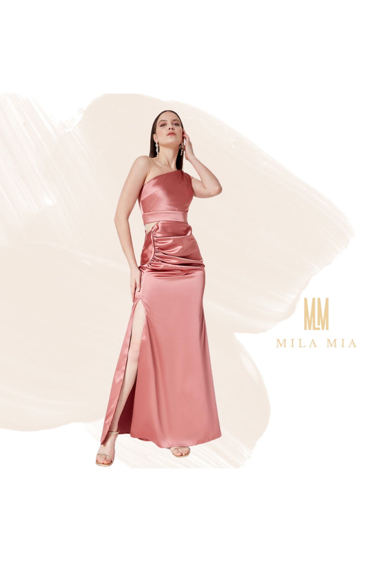 Butik MilaMia Turkey Tek Omuz Yırtmaç Detaylı Saten Abiye