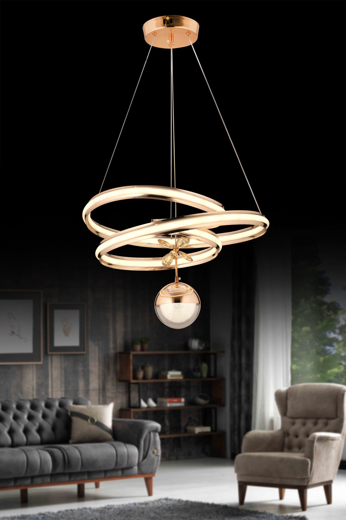 SEBA AYDINLATMA PERA KAOS GOLD KÜRE LED Kumandalı (Beyaz, Sarı, Gün Işığı) Salon Mutfak Oturma Odası Avize SB-LD-563