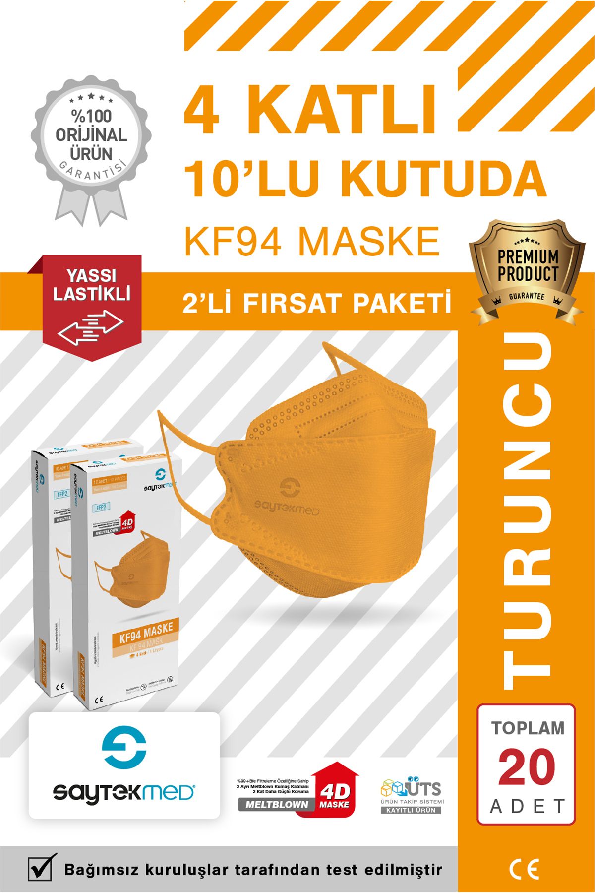 SAYTEKMED KF94 Kore Tipi, 4 katlı, TURUNCU Maske, Tekli Paket, UV Steril (2 Kutu/ 20 Adet)
