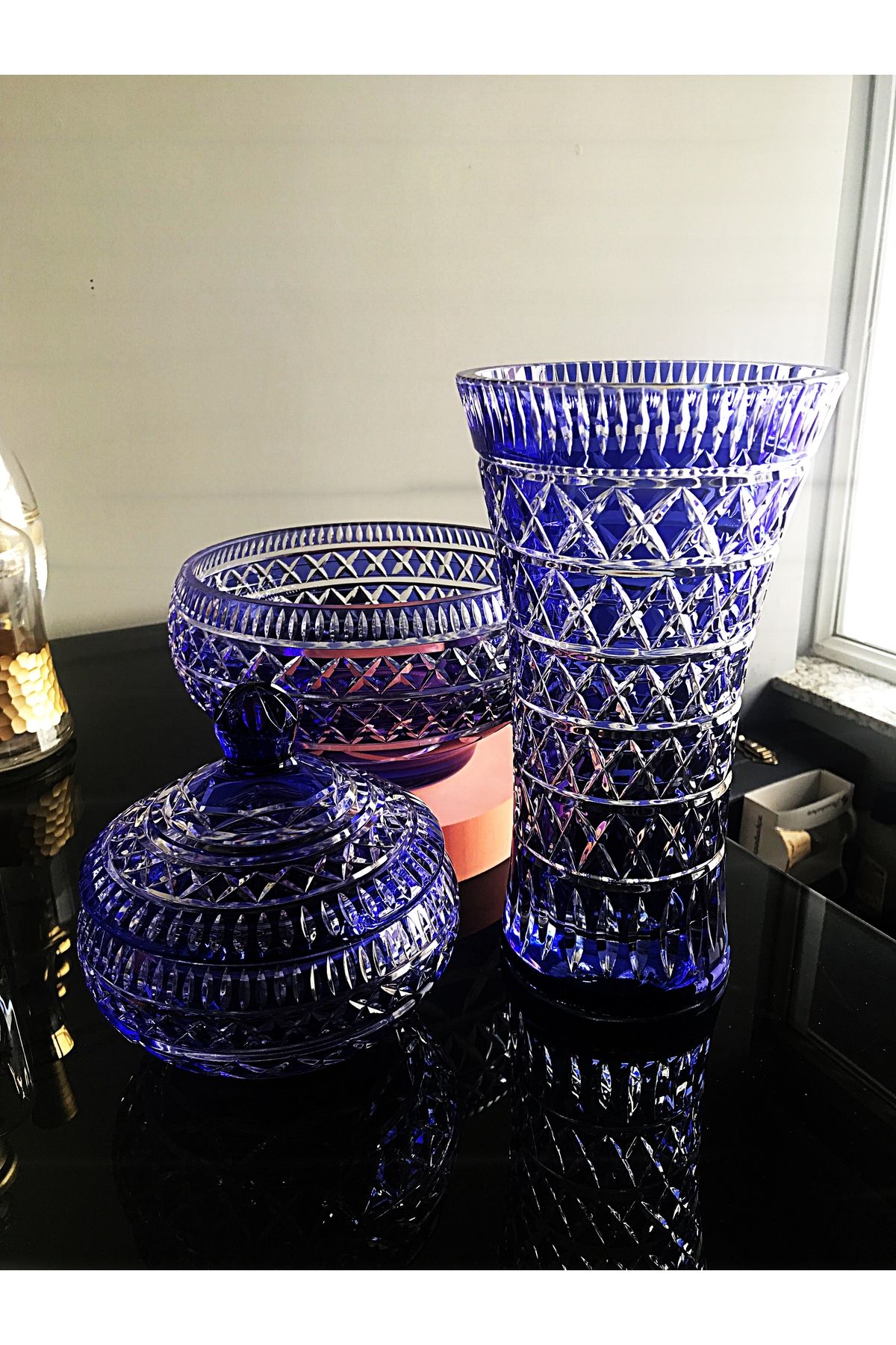 DECOSTYLE Renkli Dekorlu vazo şekerlik ve meyvelik 4 parçalı set