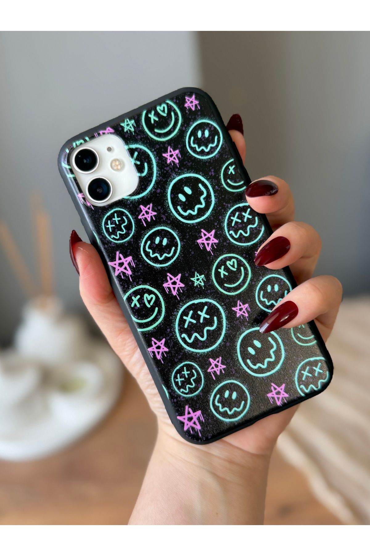 MirazTasarim IPHONE 11 SİYAH YILDIZ/SMİLE DESENLİ KILIF