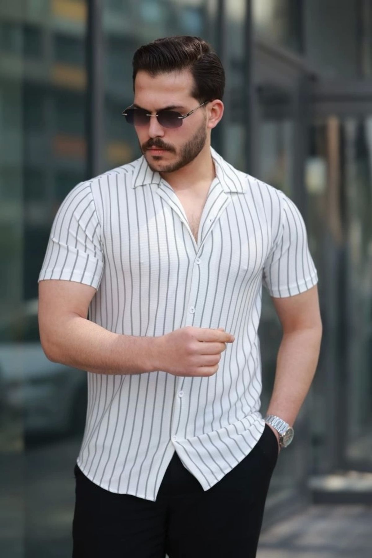 Silerra Erkek Kısa Kollu Gri çizgi Desenli örme Kumaş Pamuklu Gömlek