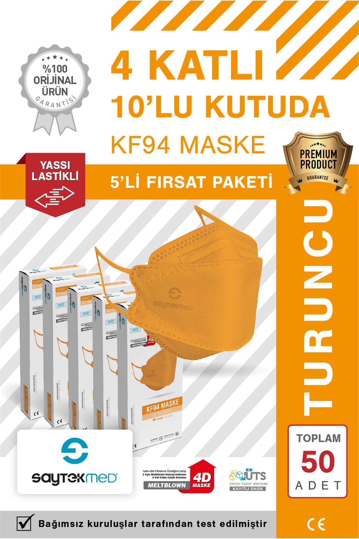 SAYTEKMED KF94 Kore Tipi, 4 katlı, TURUCU Maske, Tekli Paket, UV Steril (5 Kutu/ 50 Adet)