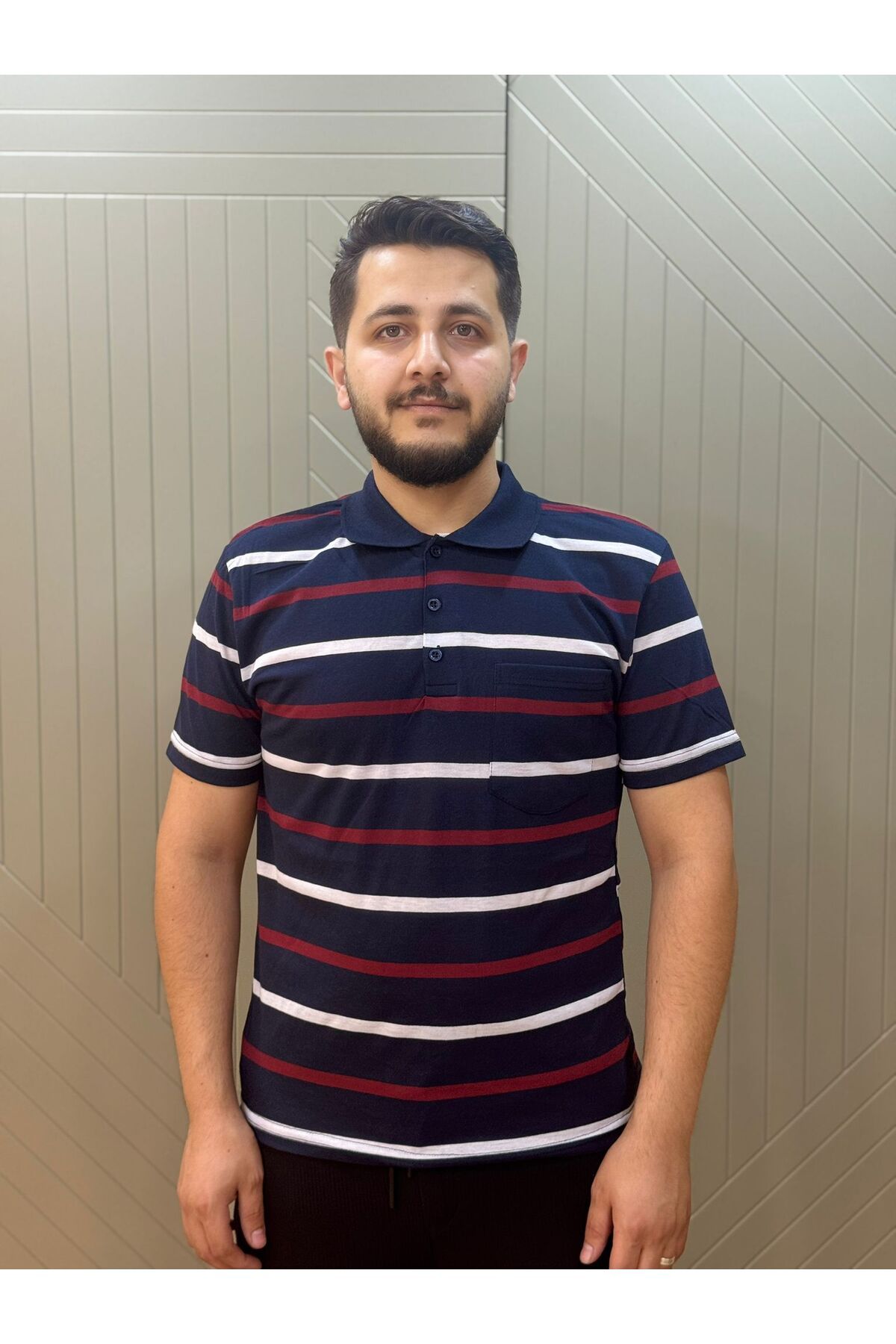 giyimcikrt POLLBRAND BOYALI ÇİZGİLİ BABA YAKALI CEPLİ TSHİRT