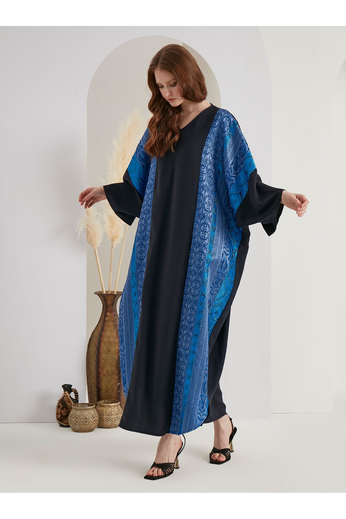 Store Wf V Yaka Jakarlı Lacivert Kaftan Elbise