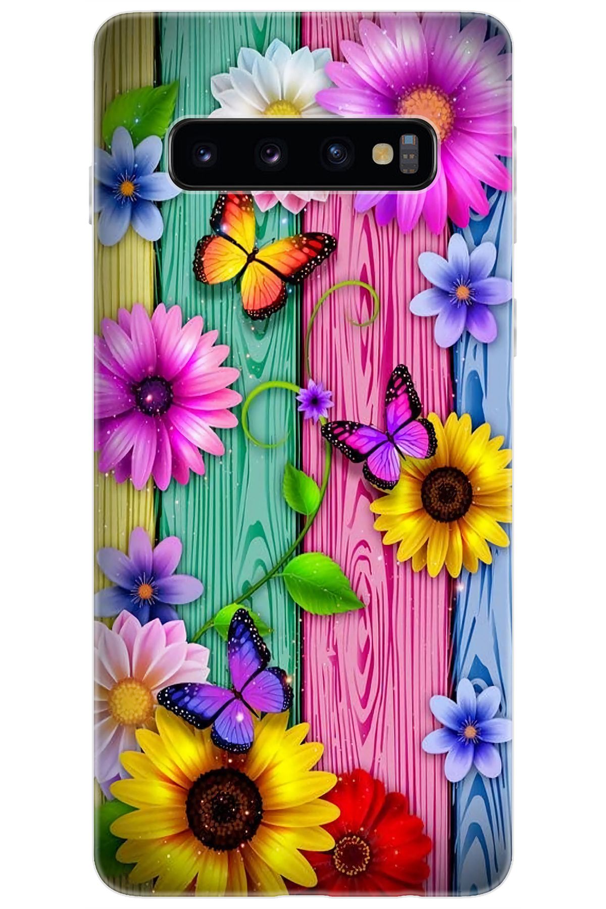 Ceppare Samsung Galaxy S10 (SM-G973F) Uyumlu Kılıf Desenli Silikon Renkli Papatya Kelebek STK:719 CP-2zILNnl