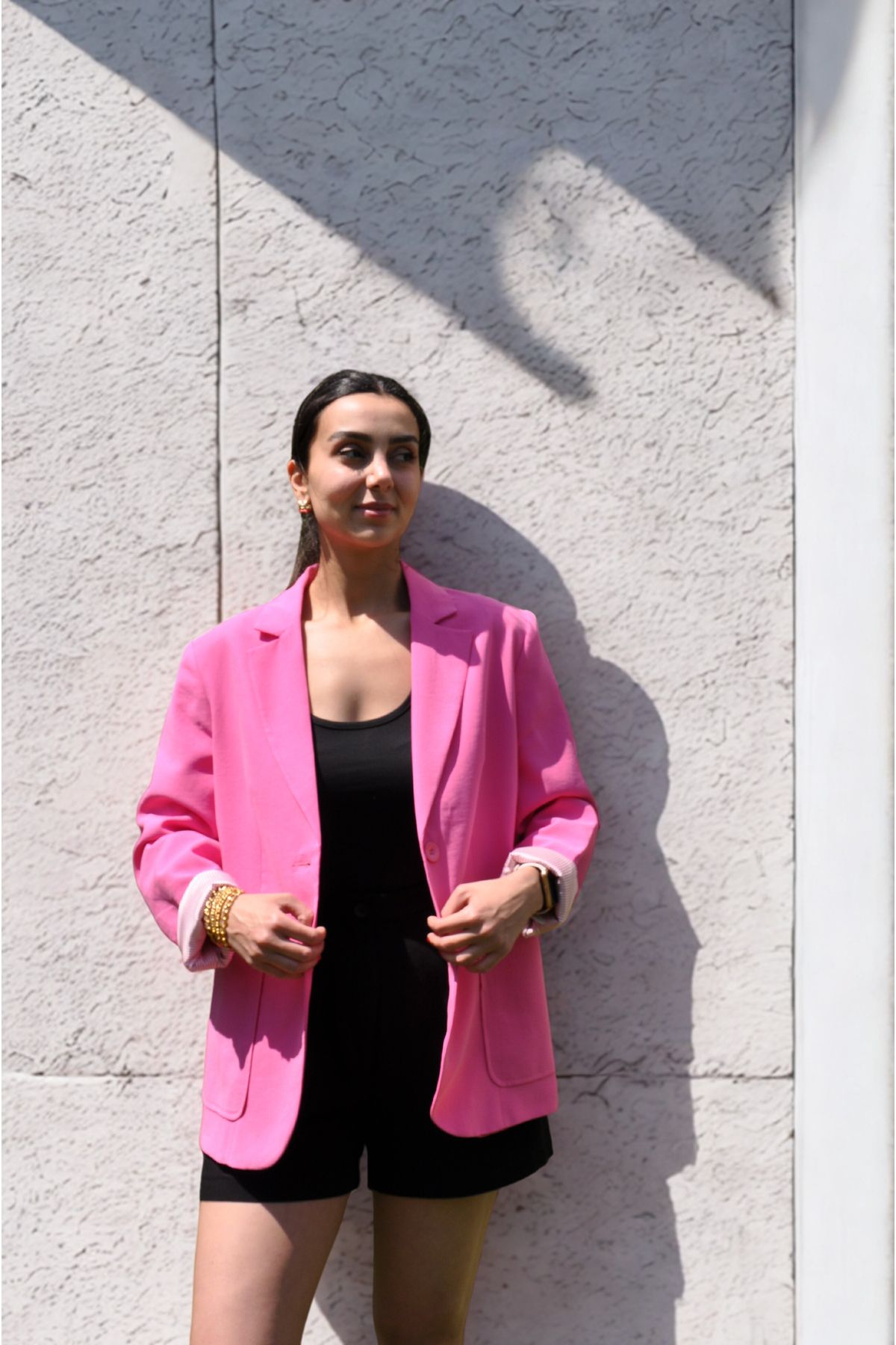 Girls House Kadın Keten Pembe Blazer Ceket