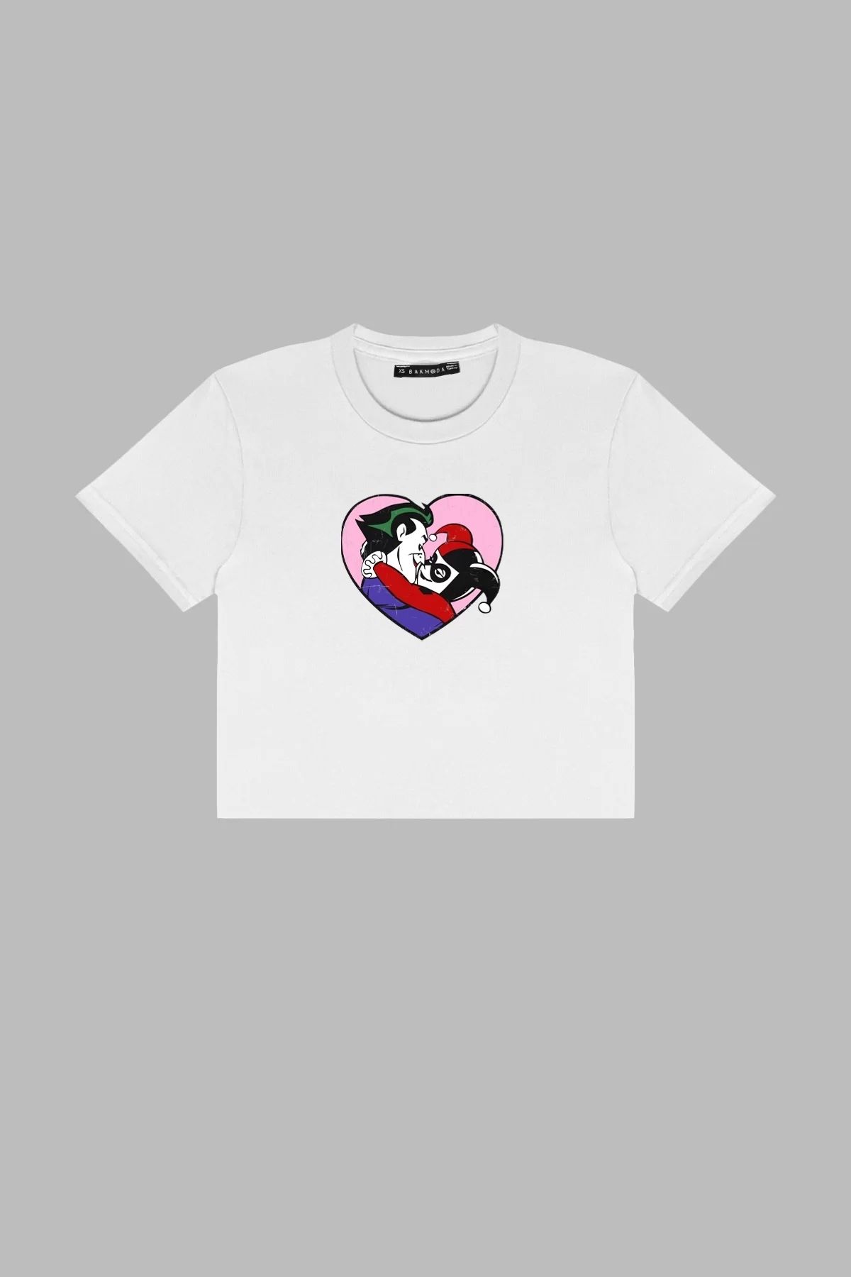 Bak Moda Joker&Harley Baskılı Beyaz Crop Top