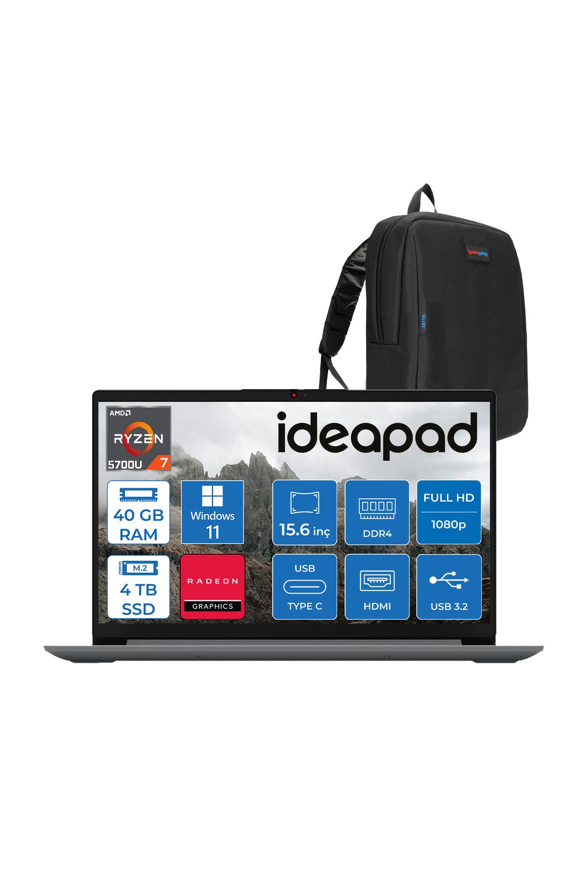 LENOVO Ideapad 1 15ALC7 Amd Ryzen 7 5700U 40GB 4tb SSD W11H 15.6" Fullhd Gri 82R400R4TRH25+ZETTACNT