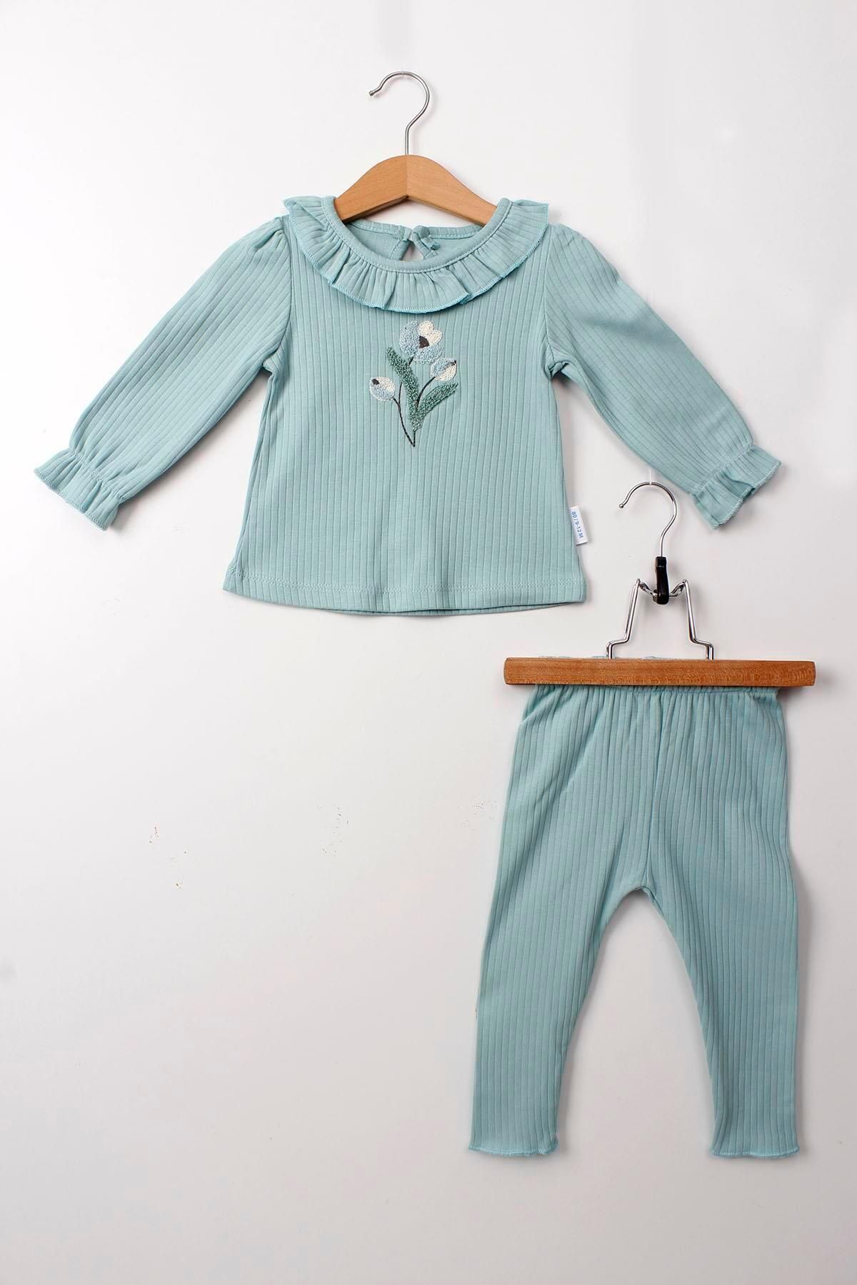 Çocuksan Baby&Kids Wear Kız Bebek Takımı Mint Renk 2'li Pamuklu Fırfırlı Yaka Çiçek Nakışlı Uzun Kollu Alt Üst Set