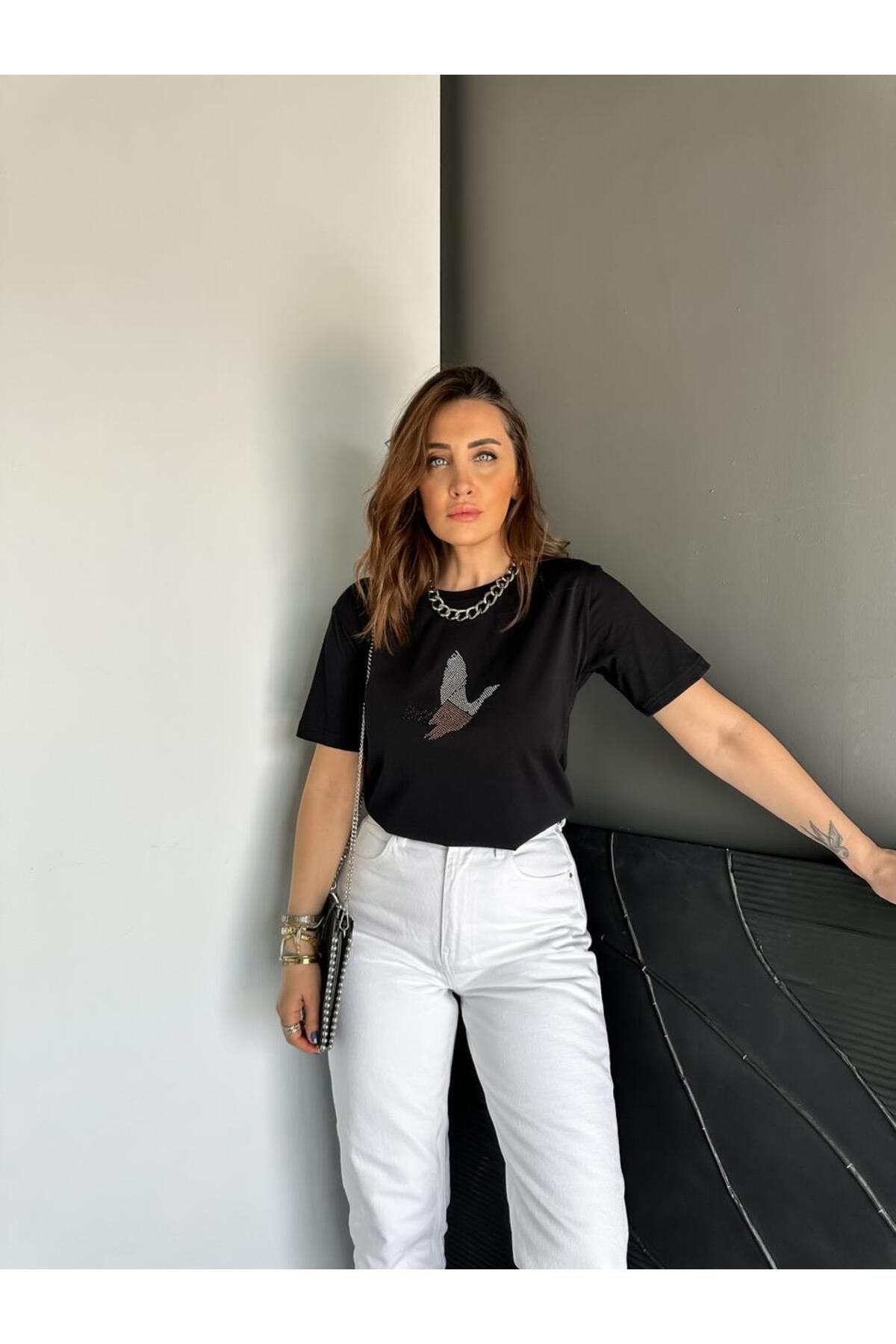 Zerrincan Giyim Siyah Pul Baskılı Kuşlu Tshirt