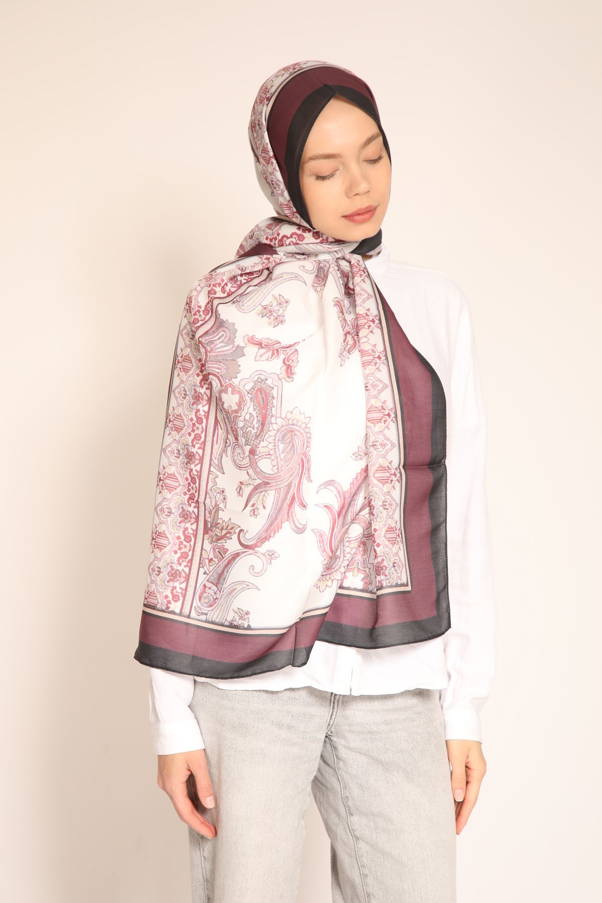 Dia Vela Bordo Desenli Soft Kumaş Şal