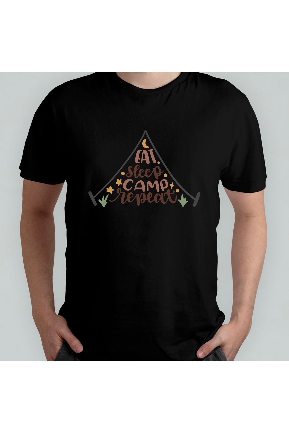 Pixxa Eat Sleep Camp Repeat Kampçı Kamp Unisex %100 Pamuklu Bisiklet Yaka T-Shirt