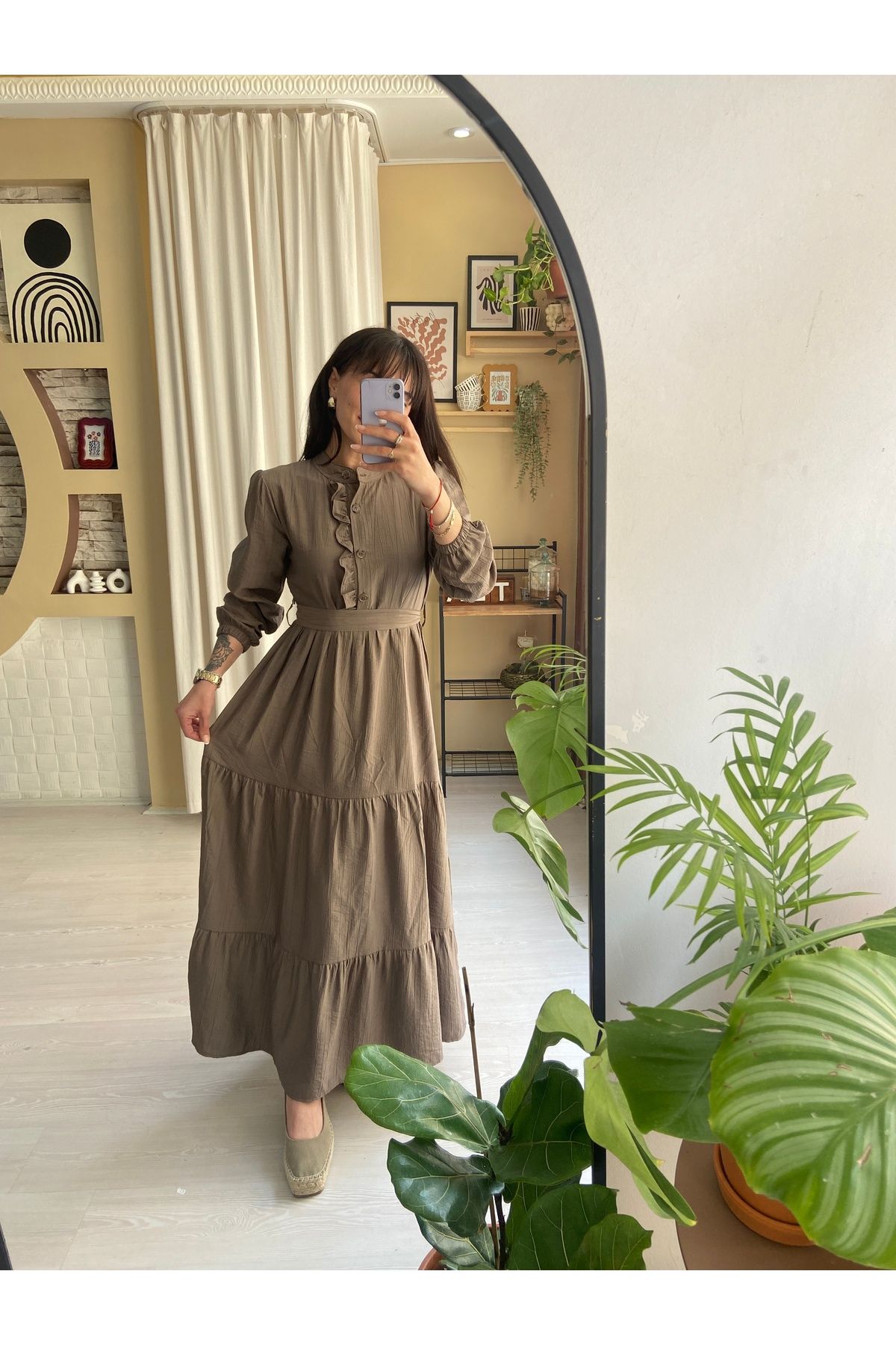 Sinemsi Butik BELİ KUŞAKLI FIRFIR DETAYLI UZUN ELBİSE