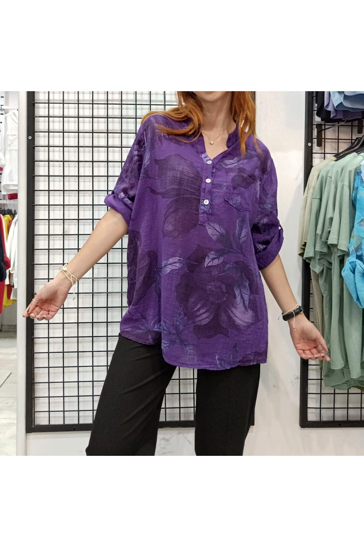 Butik Şans Çiçek Desenli Cep Detaylı İtalyan Keten Gömlek