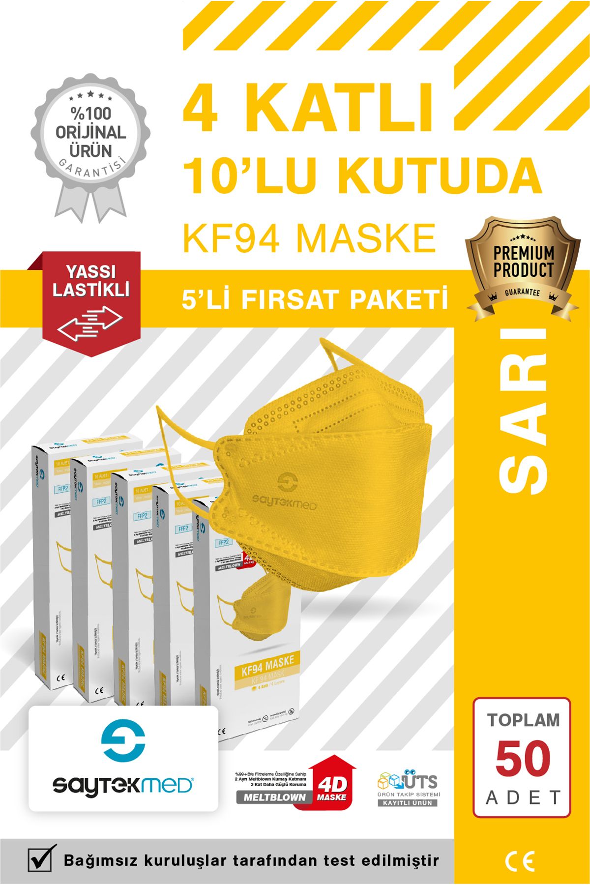 SAYTEKMED KF94 Kore Tipi, 4 katlı, SARI Maske, Tekli Paket, UV Steril (5 Kutu/ 50 Adet)
