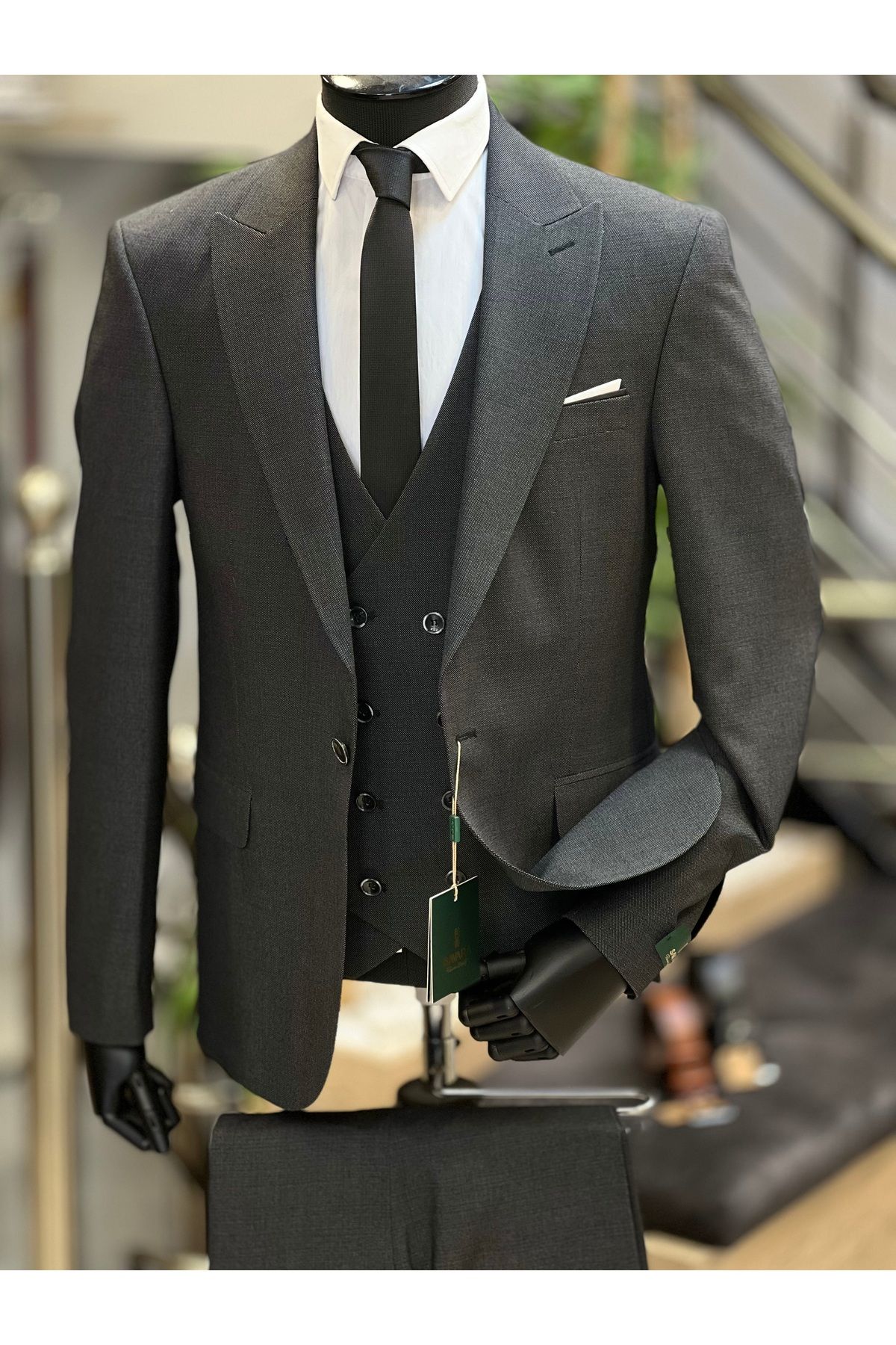 SAVARA Erkek slimfit antrasit füme armürlü yelekli takım elbise