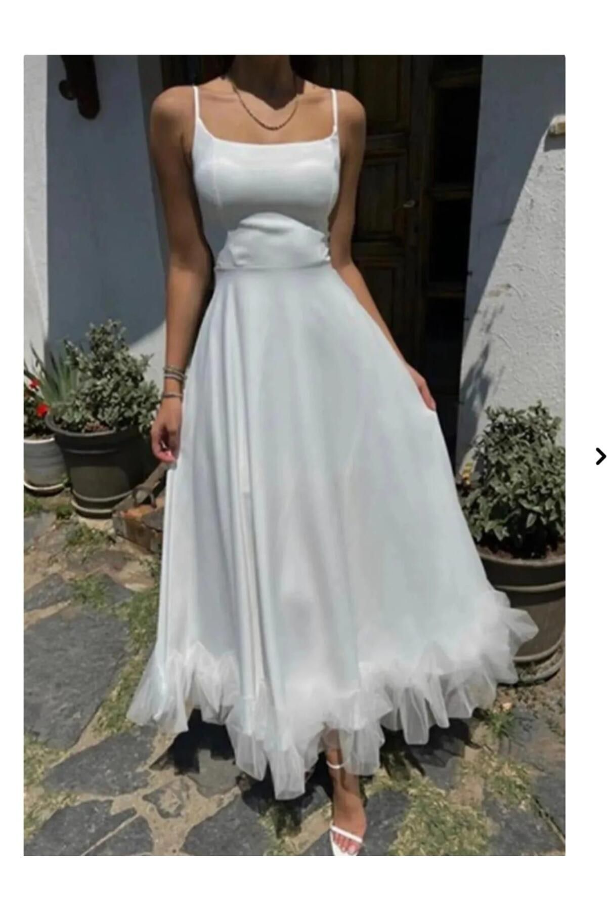 orucbutik Eteği Tül Detaylı Askılı Midi Boy Abiye