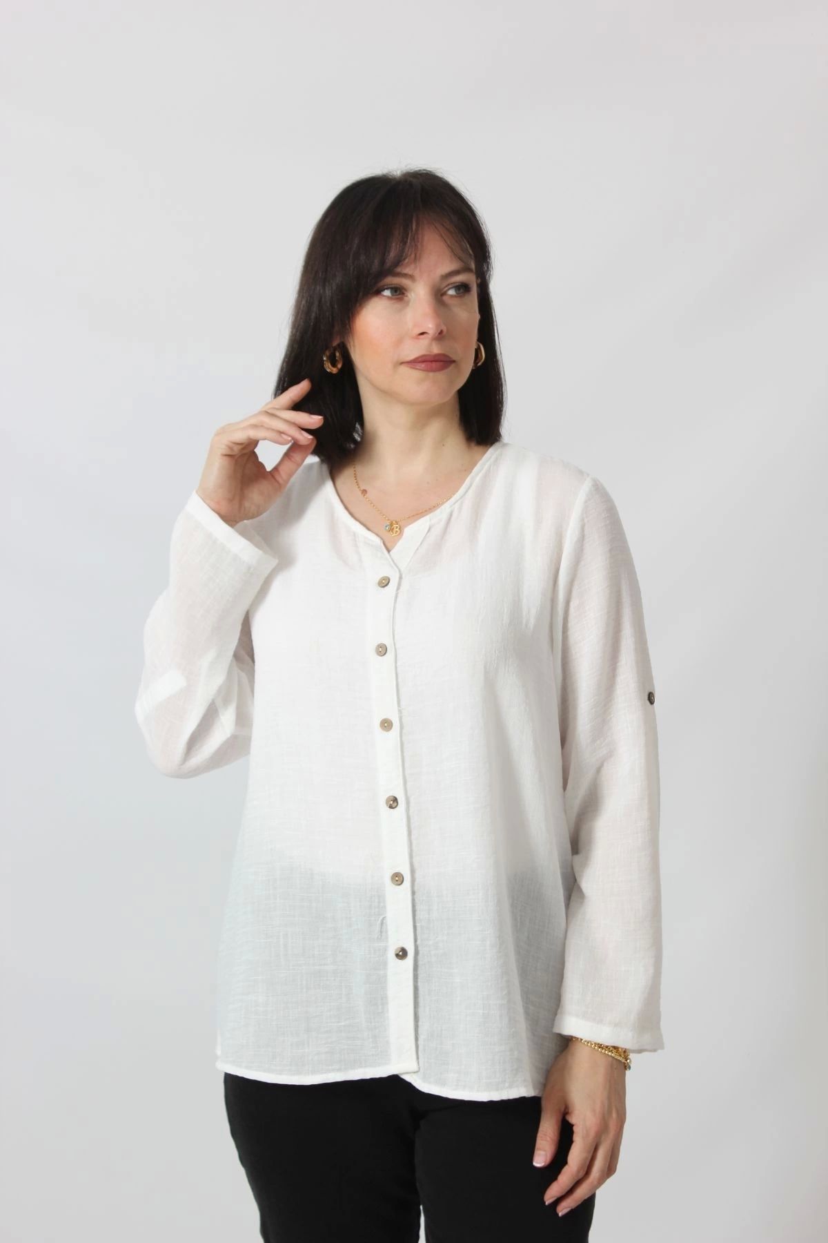 Moda Berray BB-0269 KETEN KOLU APOLETLİ SIFIR YAKA BÜYÜK BEDEN BEYAZ GÖMLEK