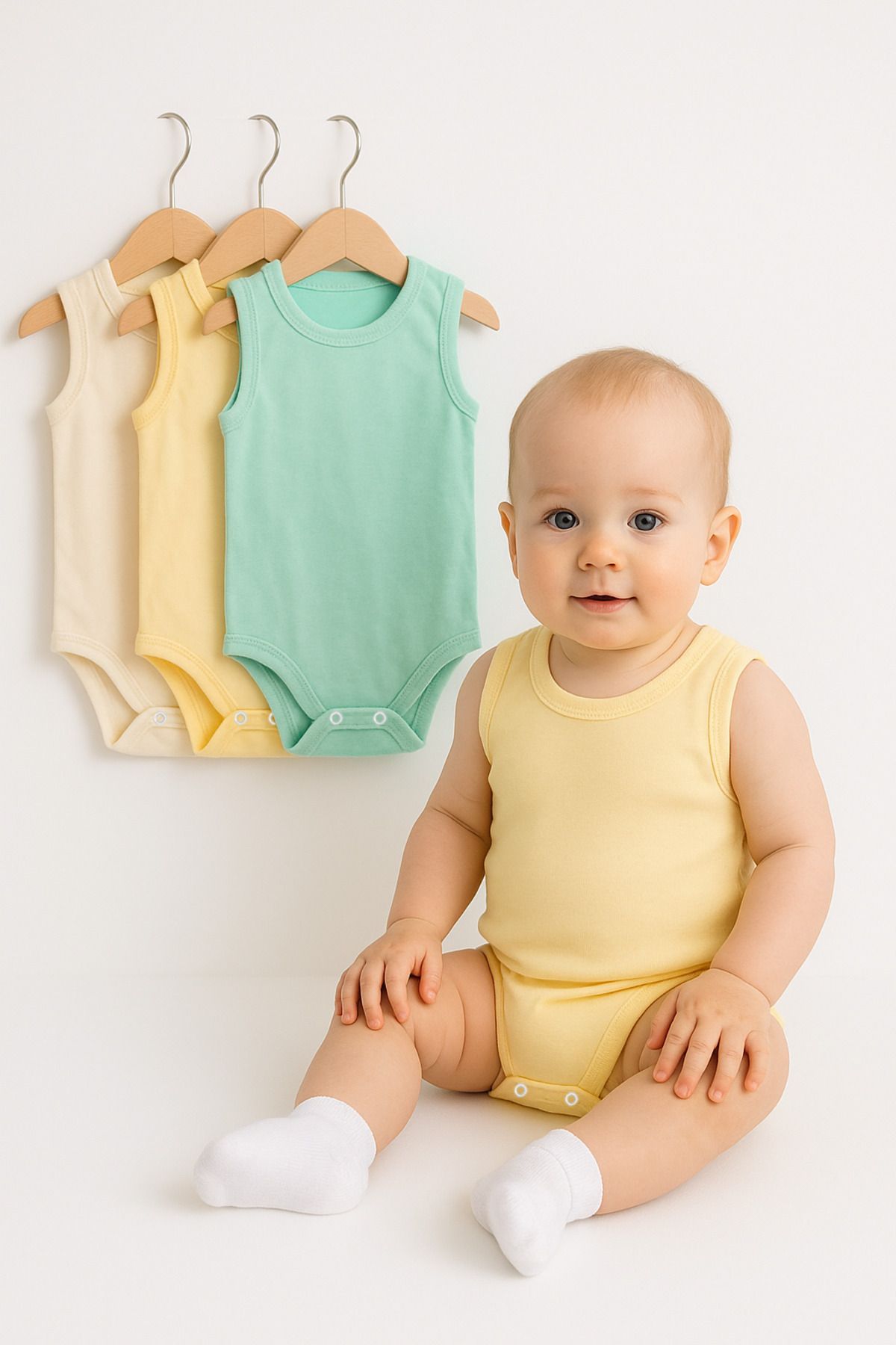 Trend Bebe Butik 3’lü Bej-Sarı-Yeşil Bebek Zıbın Seti | Pamuklu Kolsuz Çıtçıtlı Yazlık Body | Unisex Bebek Badi