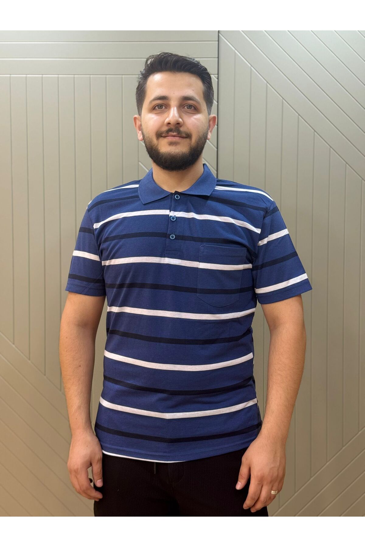 giyimcikrt POLLBRAND BOYALI ÇİZGİLİ BABA YAKALI CEPLİ TSHİRT
