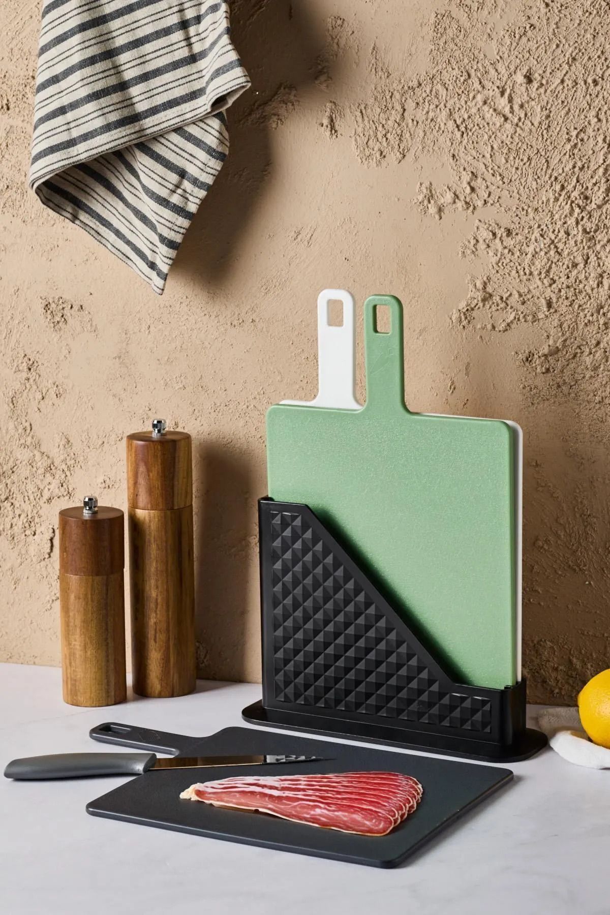 Kitchen Life 4 Parça Standlı Çoklu Kesme Tahtası Seti - Farklı Renk Tasarım Sebze, Et Ve Ekmek Kesme Tahtası