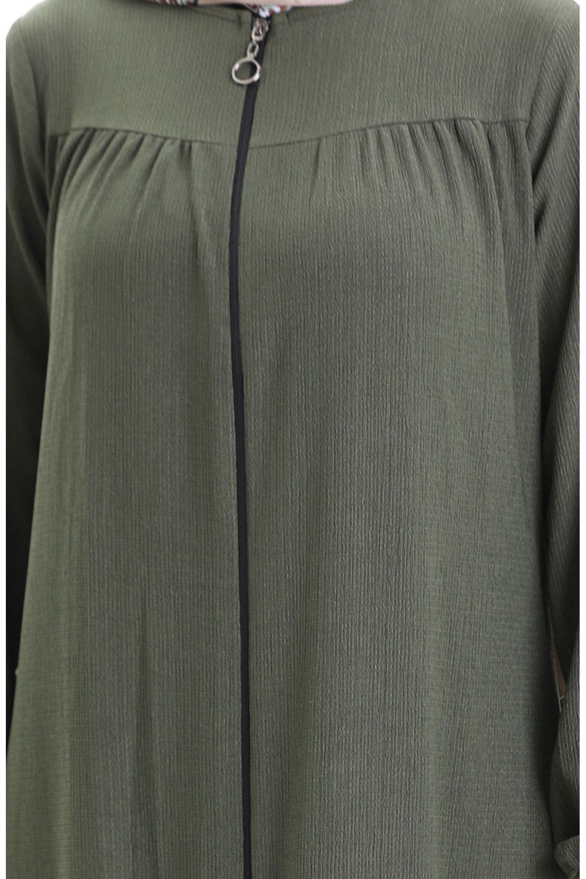 sefamerve-Zippered Ferace with Elastic Handle 5055-06 Khaki 5