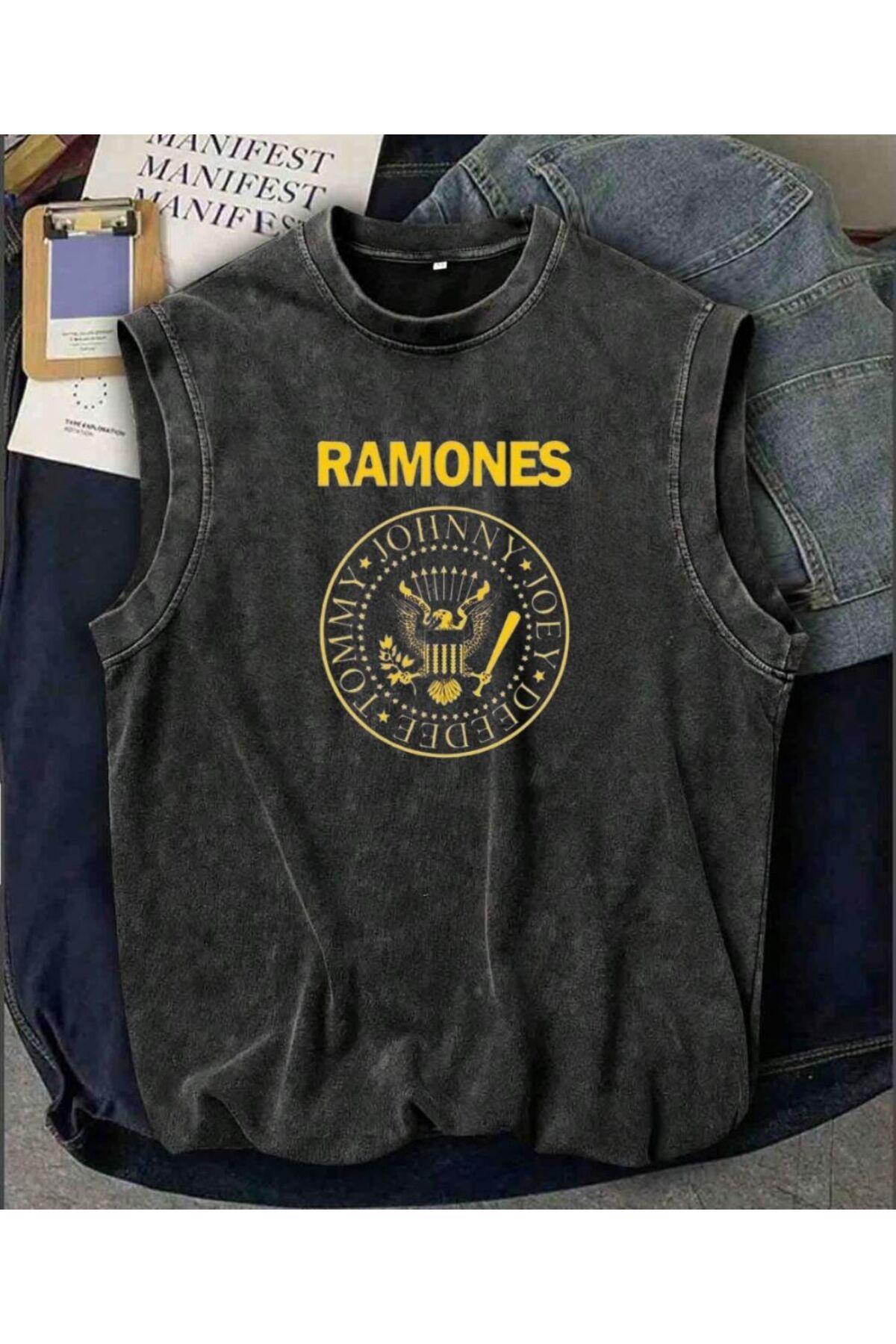 Touz Moda Ramones Atlet Bisiklet Yaka Yıkamalı Vintage Unisex Oversize T-Shirt