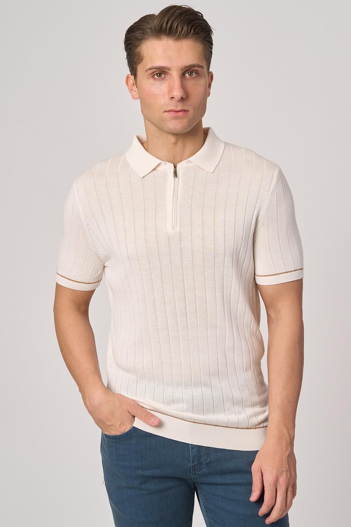 White Stone WHİTE STONE 2025-Y 25055 POLA YAKA FERMUARLI TSHIRT EKRU