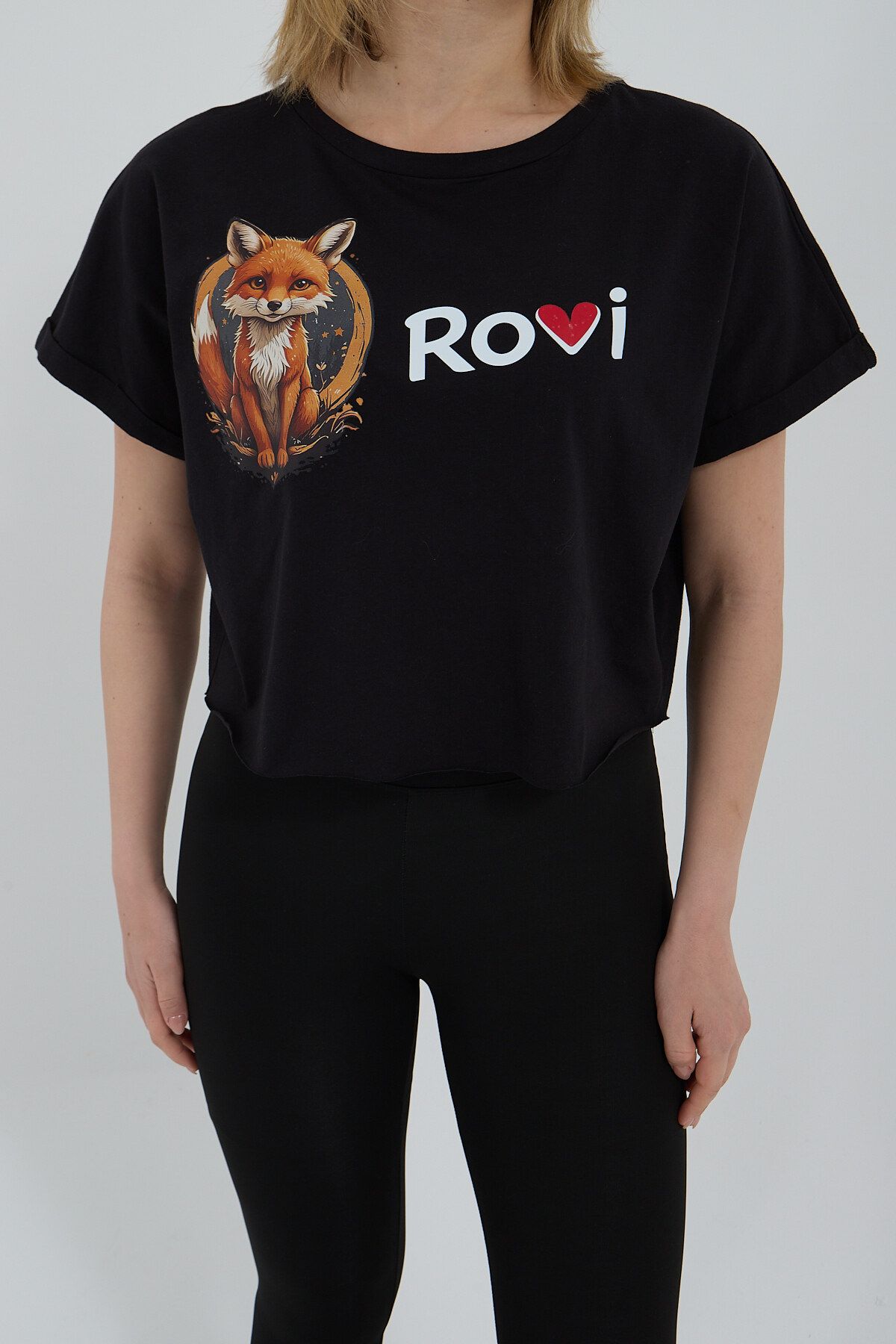 ROVİ SİYAH ROVİ BASKILI KADIN PENYE CROP