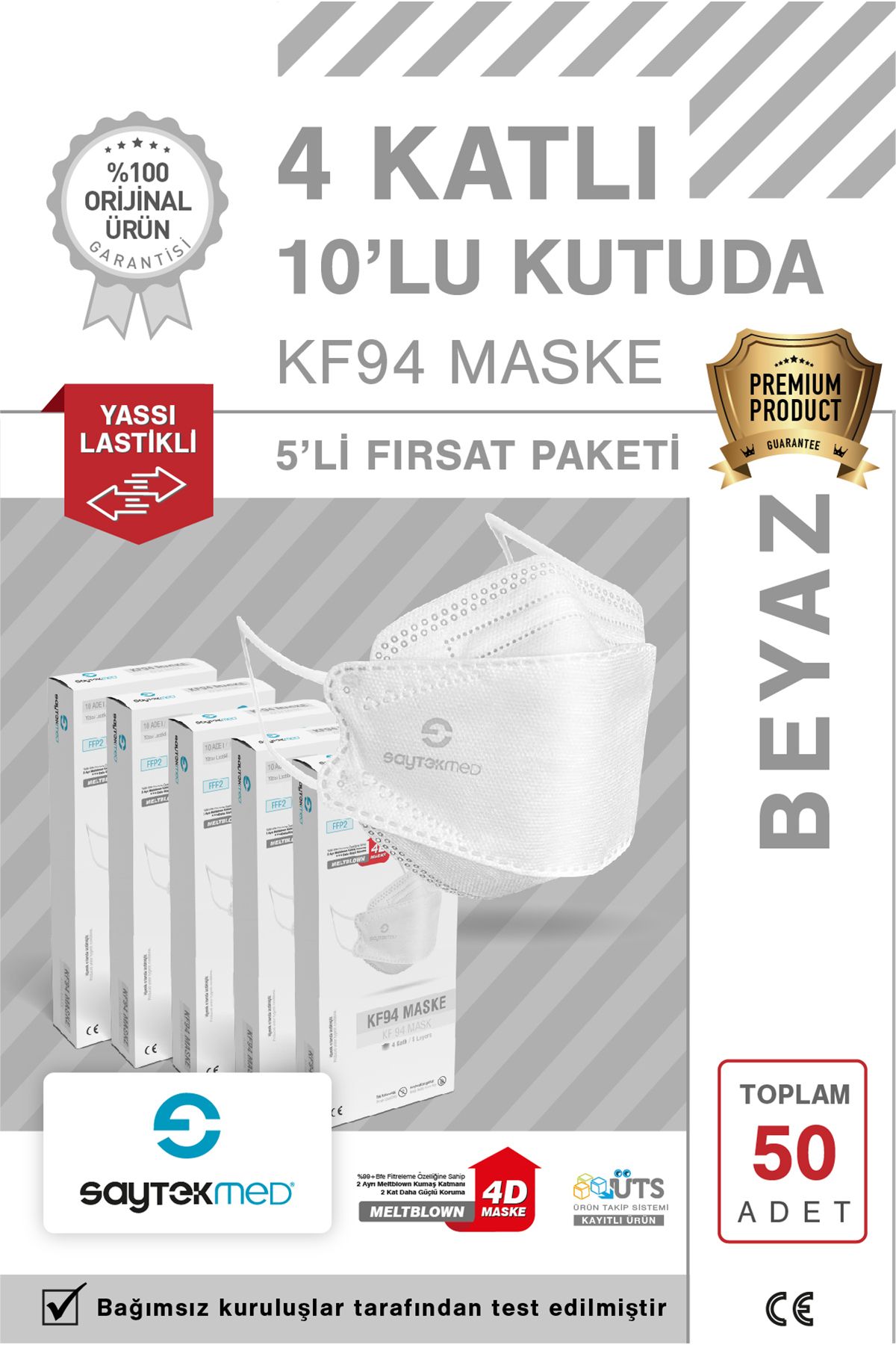 SAYTEKMED KF94 Kore Tipi, 4 katlı, BEYAZ Maske, Tekli Paket, UV Steril (5 Kutu/ 50 Adet)