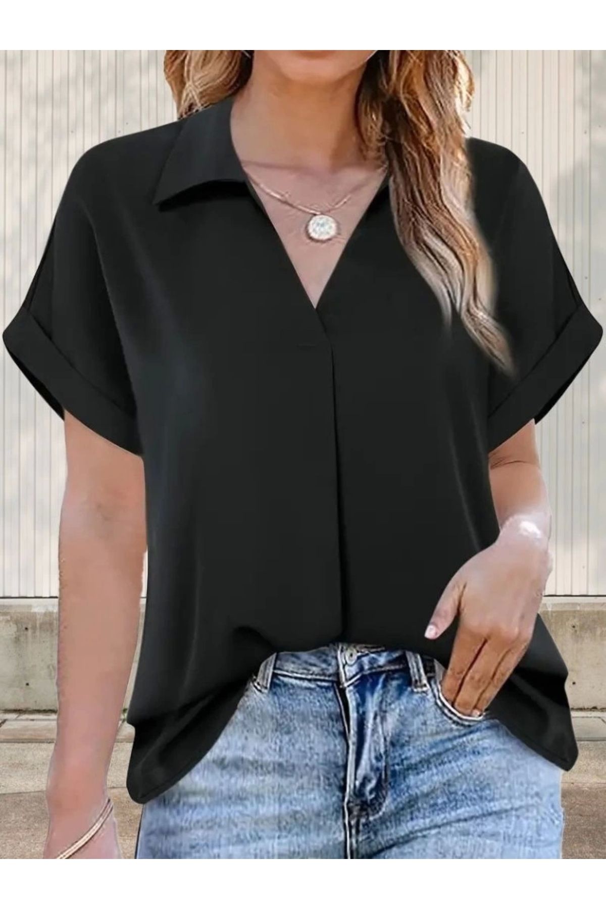 Silerra Kadın Kısa Kollu Yakalı Uzun Sandy Bluz