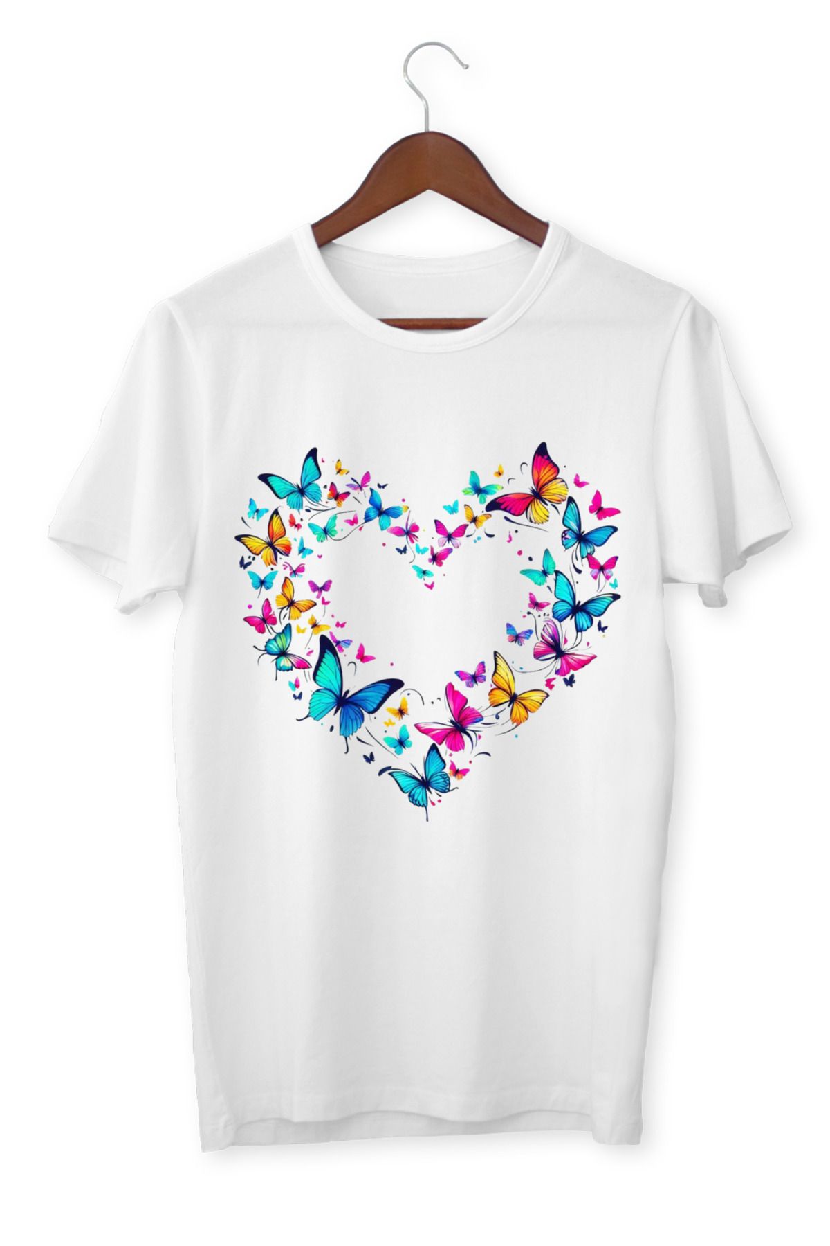 ALPŞAN TİCARET Kelebekli Çocuk Yetişkin Beyaz T-shirt Kalpli Kelebekli Unisex Çocuk Tişört