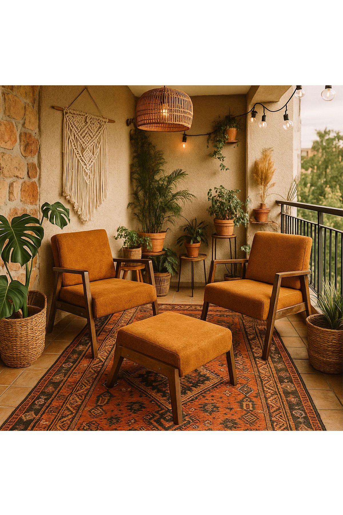 Zem Pavia Çay Seti Ceviz Ahşap, Hardal (2ADET TEKLİ BERJER 1ADET PUF)ofis,balkon,kafe mobilyası