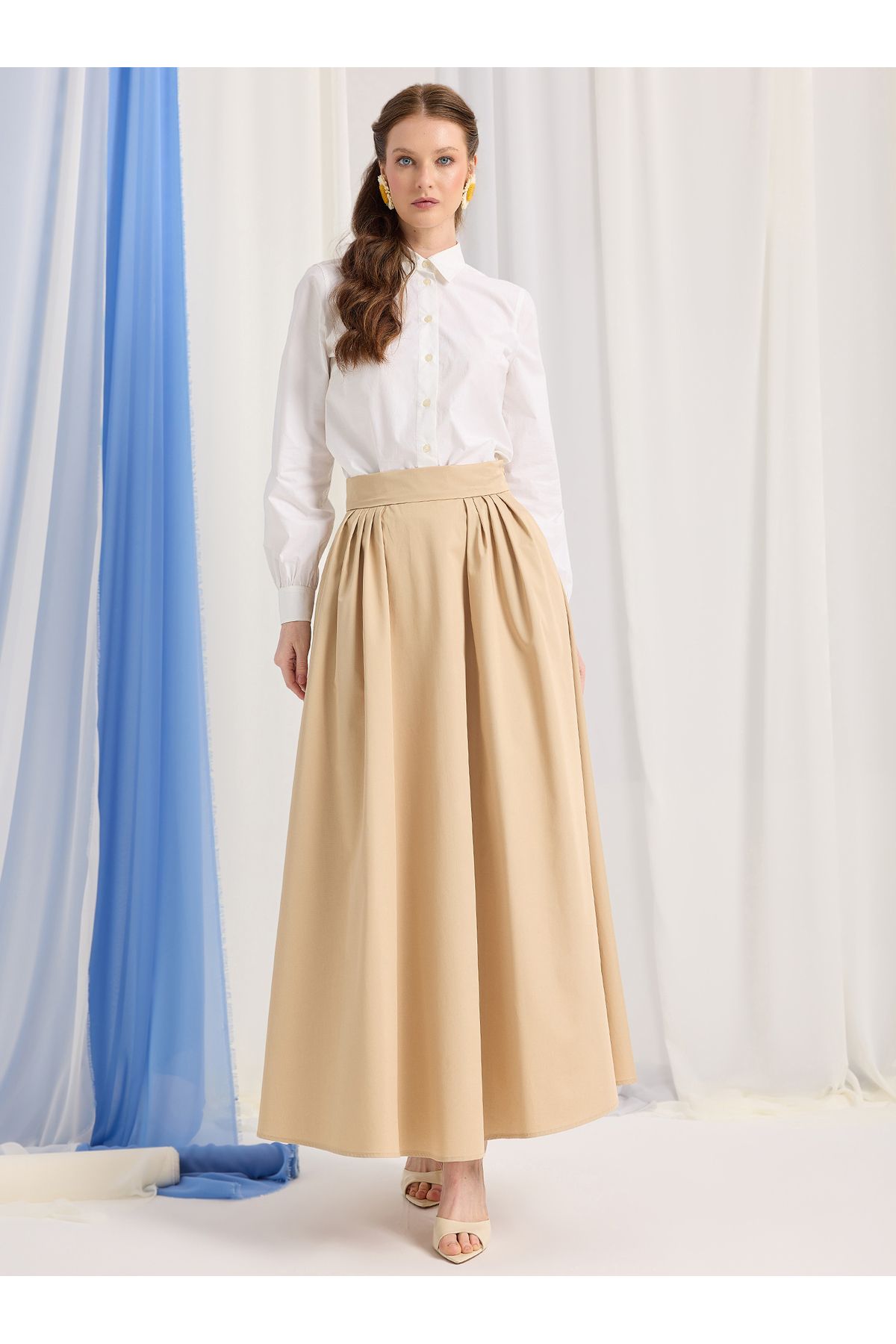 Store Wf Bej 100% Poplin Pamuk Piliseli Etek