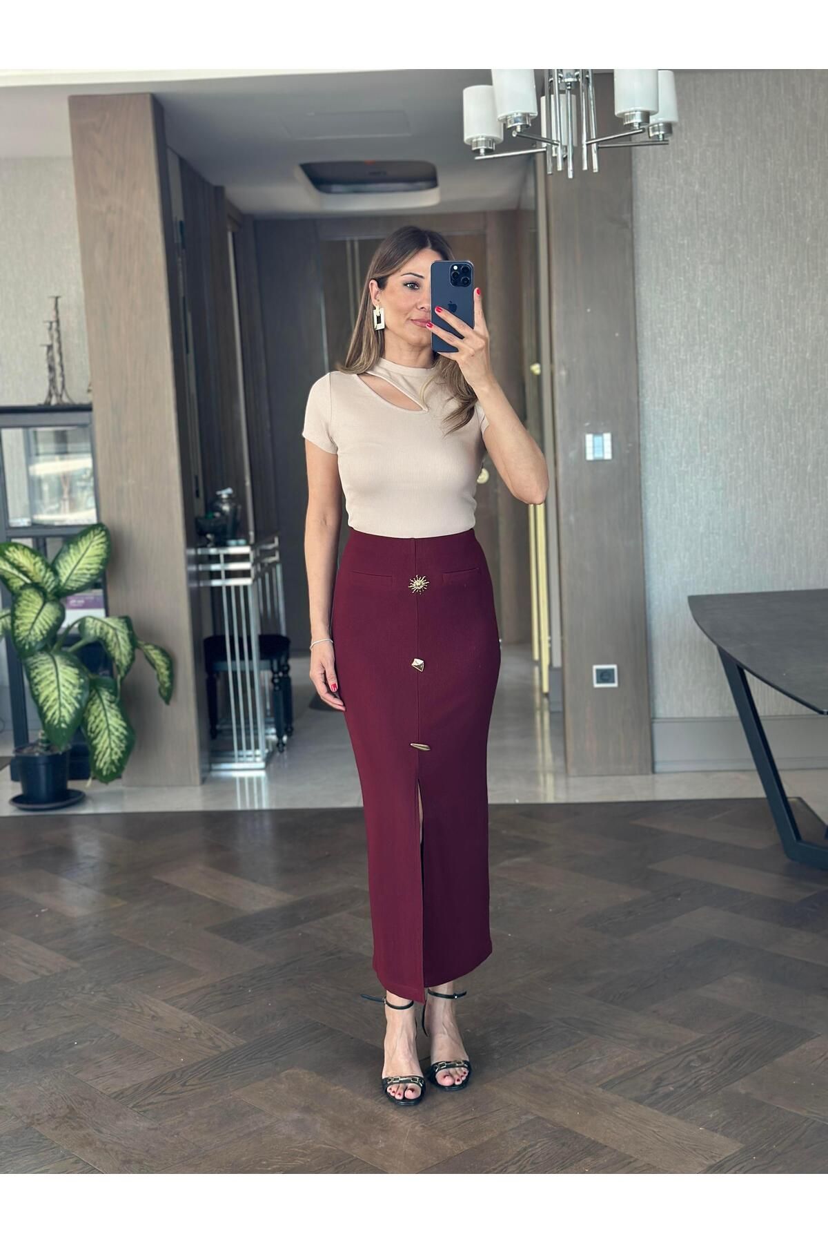 Forlady4 Bordo Ottoman Yırtmaçlı Güneş Serisi Kadın Midi Boy Etek