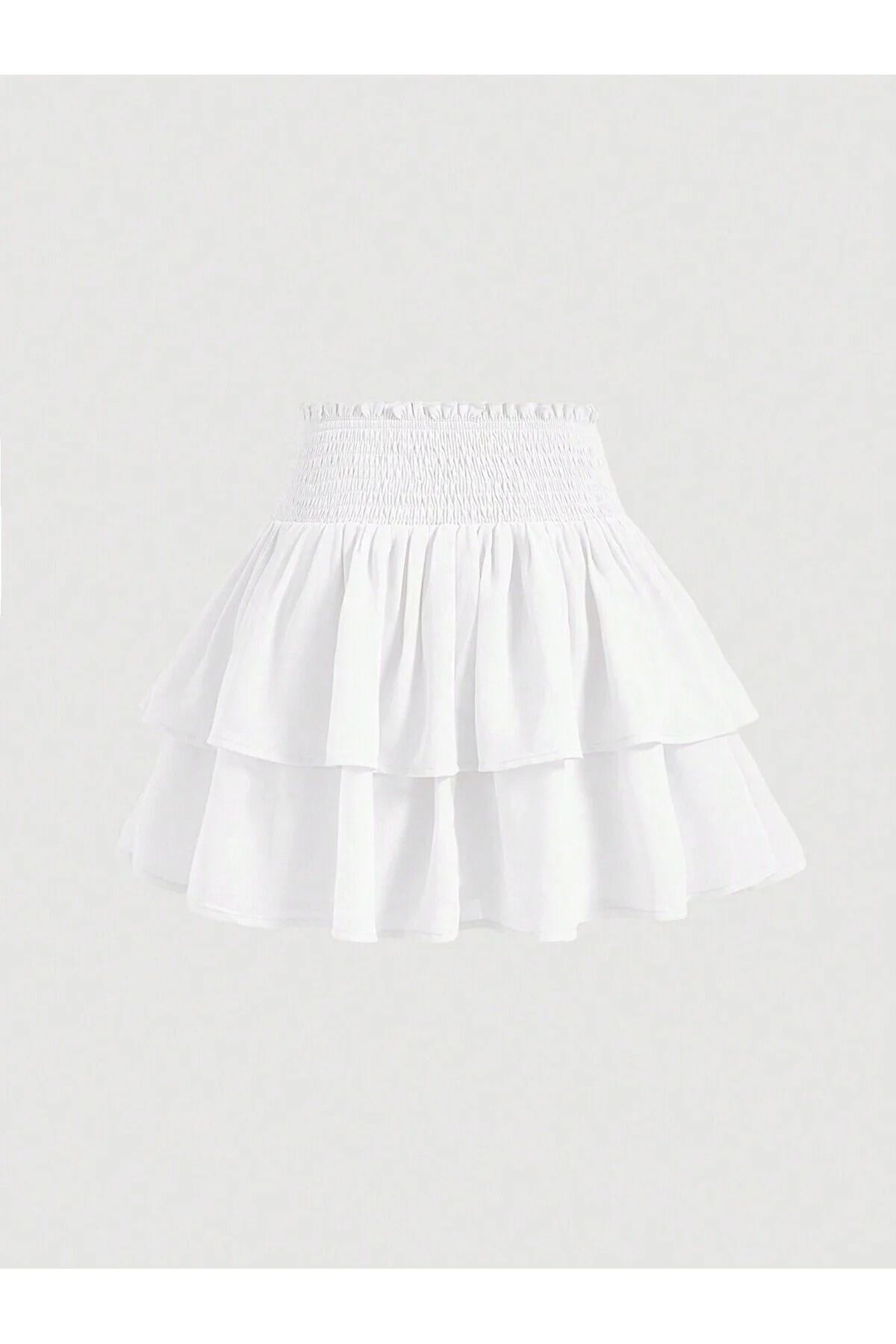 Ginezza  Beyaz İki Katlı yüksek bel Fırfırlı Etek - Görsel 2