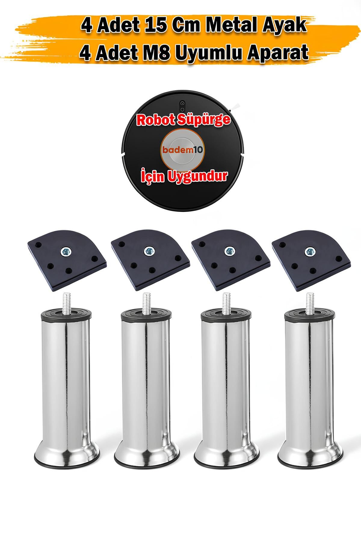 Badem10 Mobilya Kanepe Baza Yatak Koltuk Destek Yükseltme Ayağı M8 Civatalı Aparat Krom Metal 15 cm Ayaklar