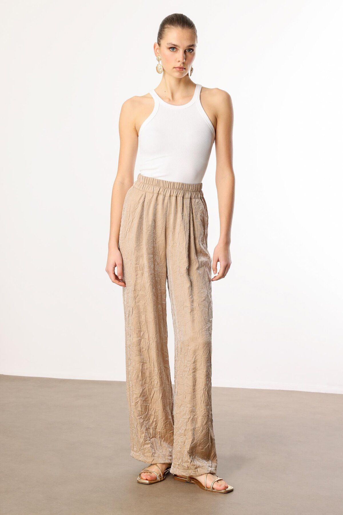 Moda İlgi Modailgi Beli Lastikli Yandan Cepli Pile Detaylı Pantolon - 15052 Camel