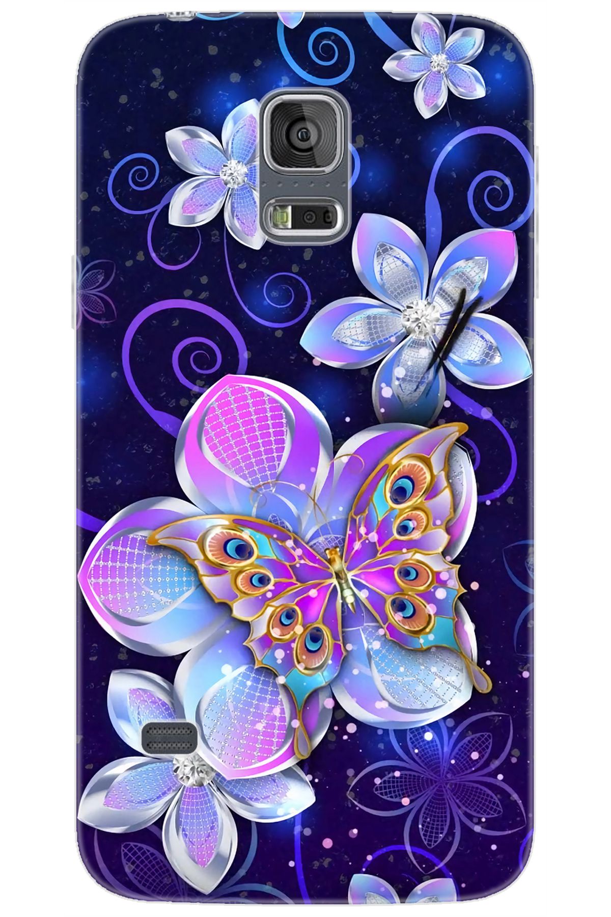 Ceppare Samsung Galaxy S5 (SM-G900F) Uyumlu Kılıf Desenli Silikon Kelebek ve Çiçekler STK:718 CP-PmdLePg