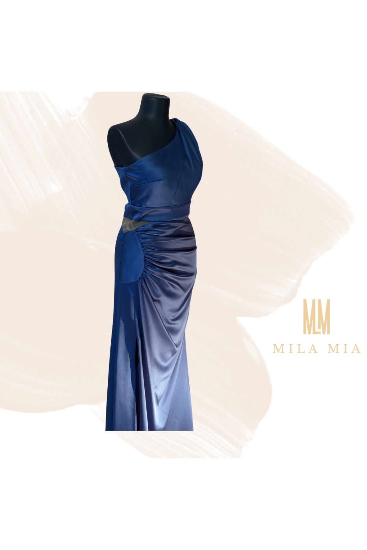 Butik MilaMia Turkey Tek Omuz Yırtmaç Detaylı Saten Abiye