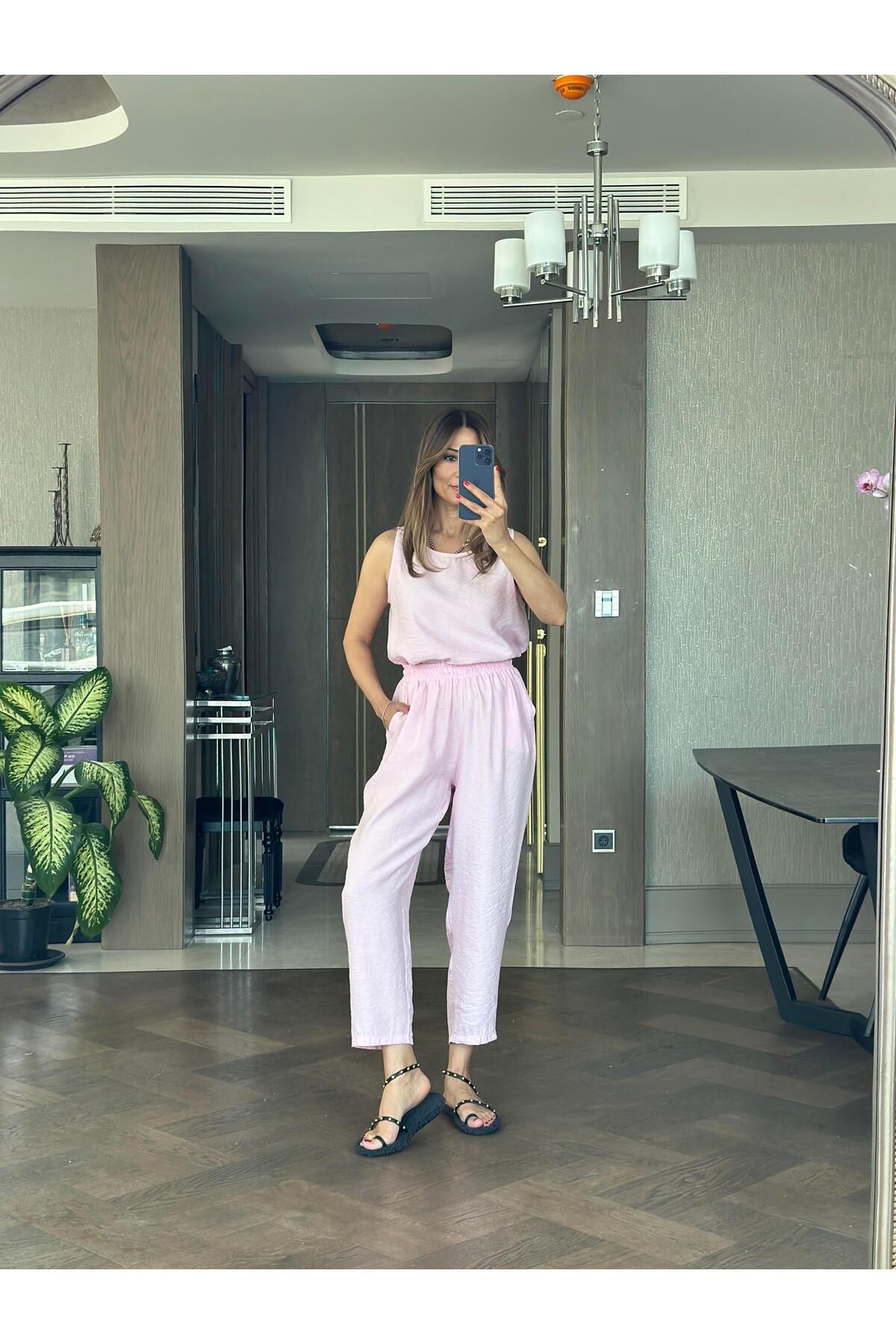 Forlady4 Pembe Tnsl Sıfır Kol Bluz Pantolon Alt Üst Takım